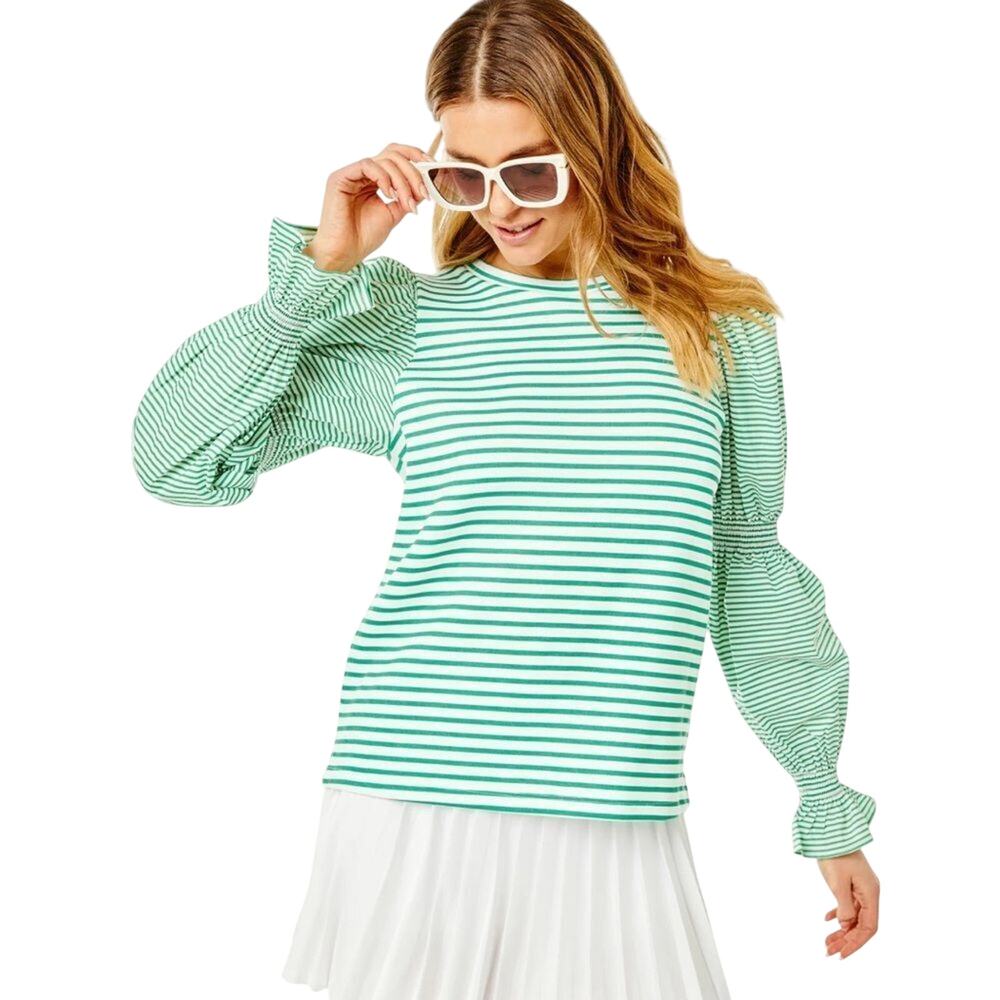 Addison Bay $178 Prep Pullover Top White/Palm Stripe puff Sleeves Size M